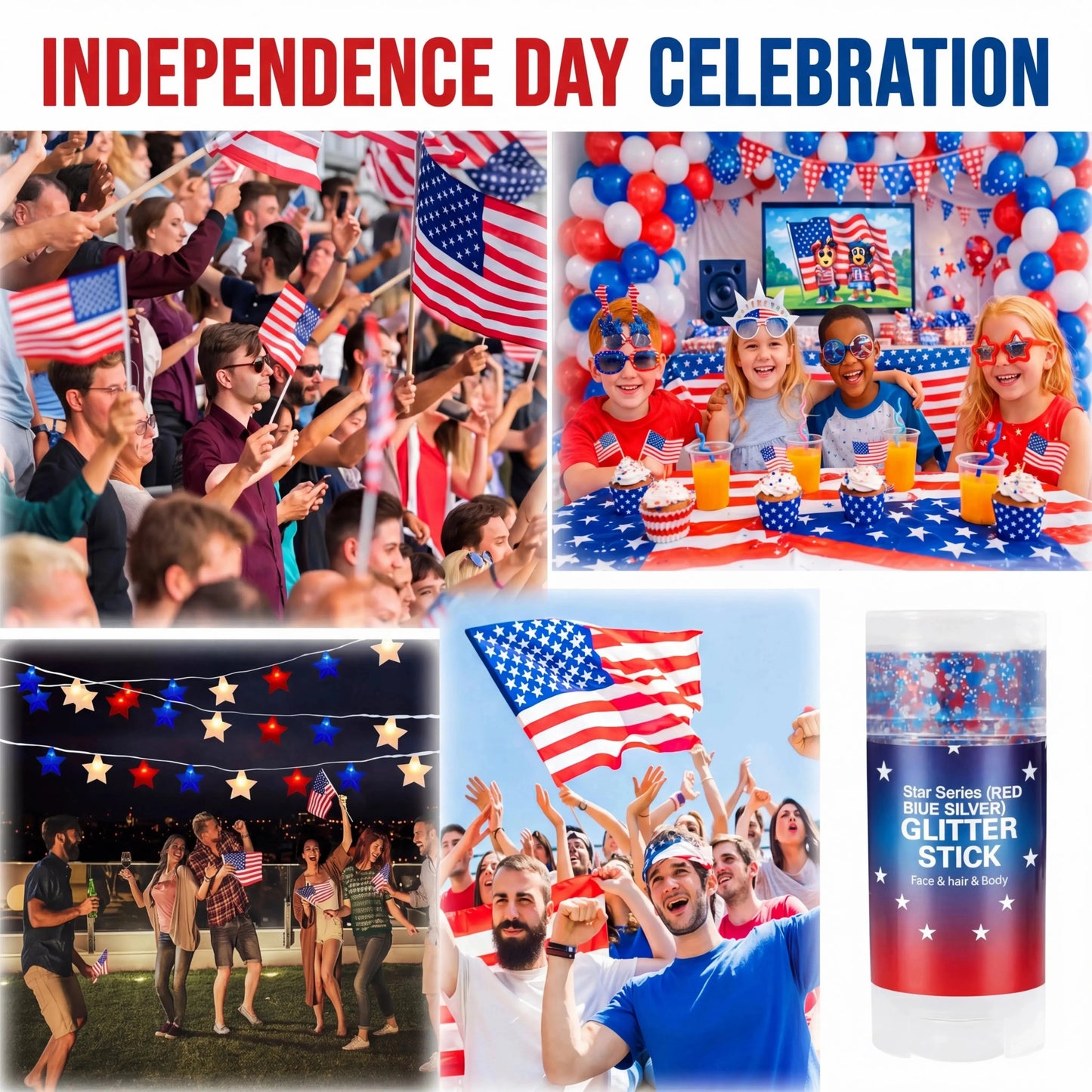 🎁Buy 1 Get 1 FREE🦅4th of July Glitter Stick✨🔔 Red, White & Blue Body & Hair Sparkle