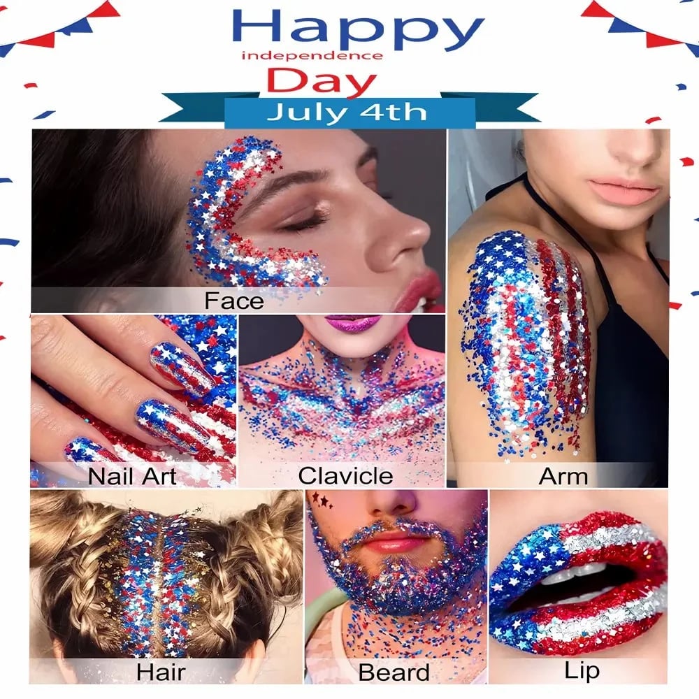 🎁Buy 1 Get 1 FREE🦅4th of July Glitter Stick✨🔔 Red, White & Blue Body & Hair Sparkle