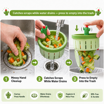 Stop Touching Soggy Sink Scraps –  One-Press Cactus Kitchen Sink Strainer