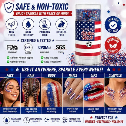 🎁Buy 1 Get 1 FREE🦅4th of July Glitter Stick✨🔔 Red, White & Blue Body & Hair Sparkle